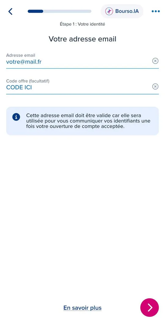Où saisir le code de parrainage BoursoBank : le champ Code offre (facultatif)
