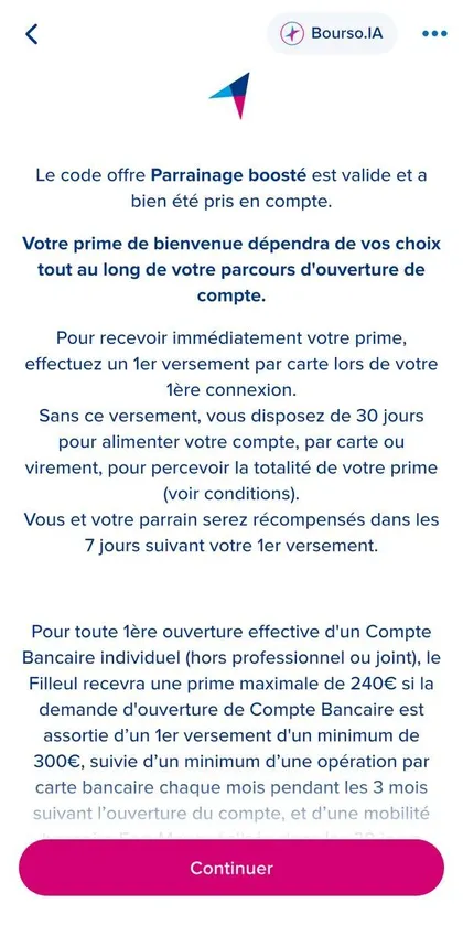 Confirmation dans l'app BoursoBank : le code de parrainage est validé et pris en compte