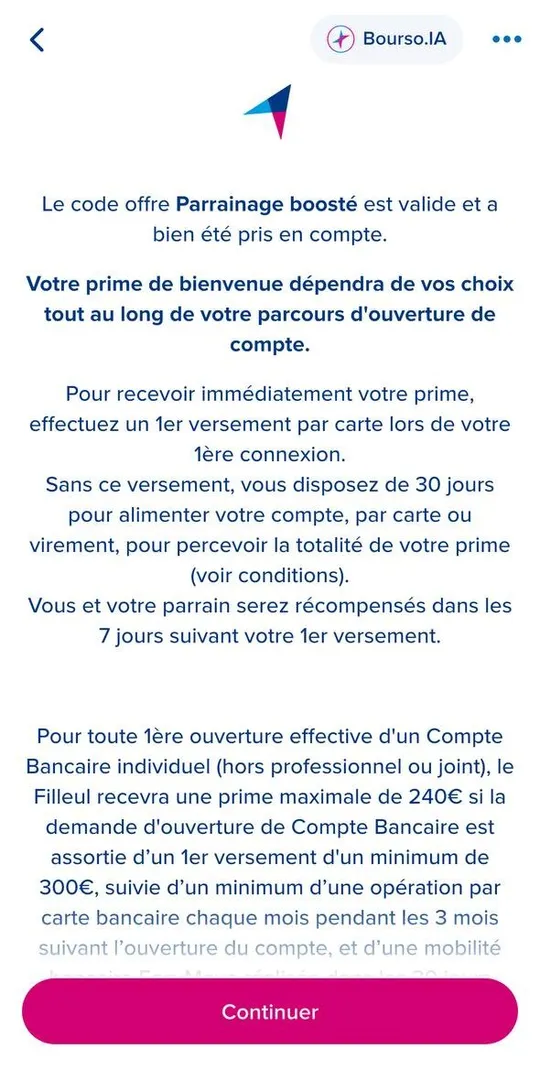 Confirmation dans l'app BoursoBank : le code de parrainage est validé et pris en compte
